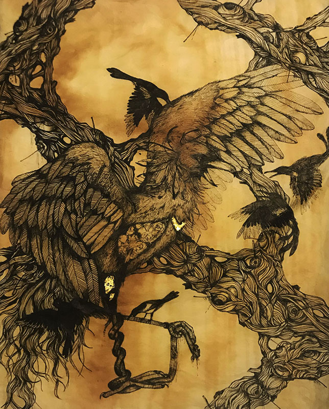 Tangled eagle series: secretary bird and magpies by Yula Kim